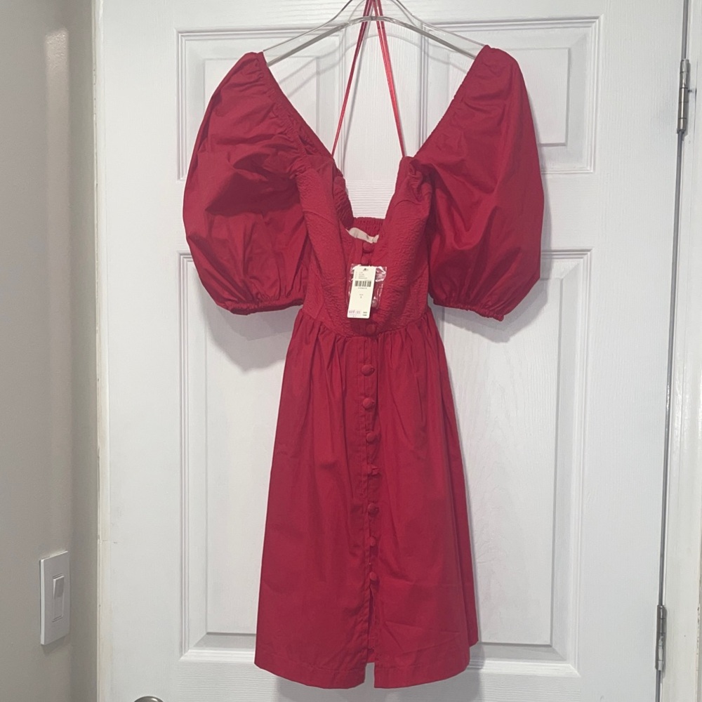 Anthropologie Red Mini Dress with Puff Sleeves